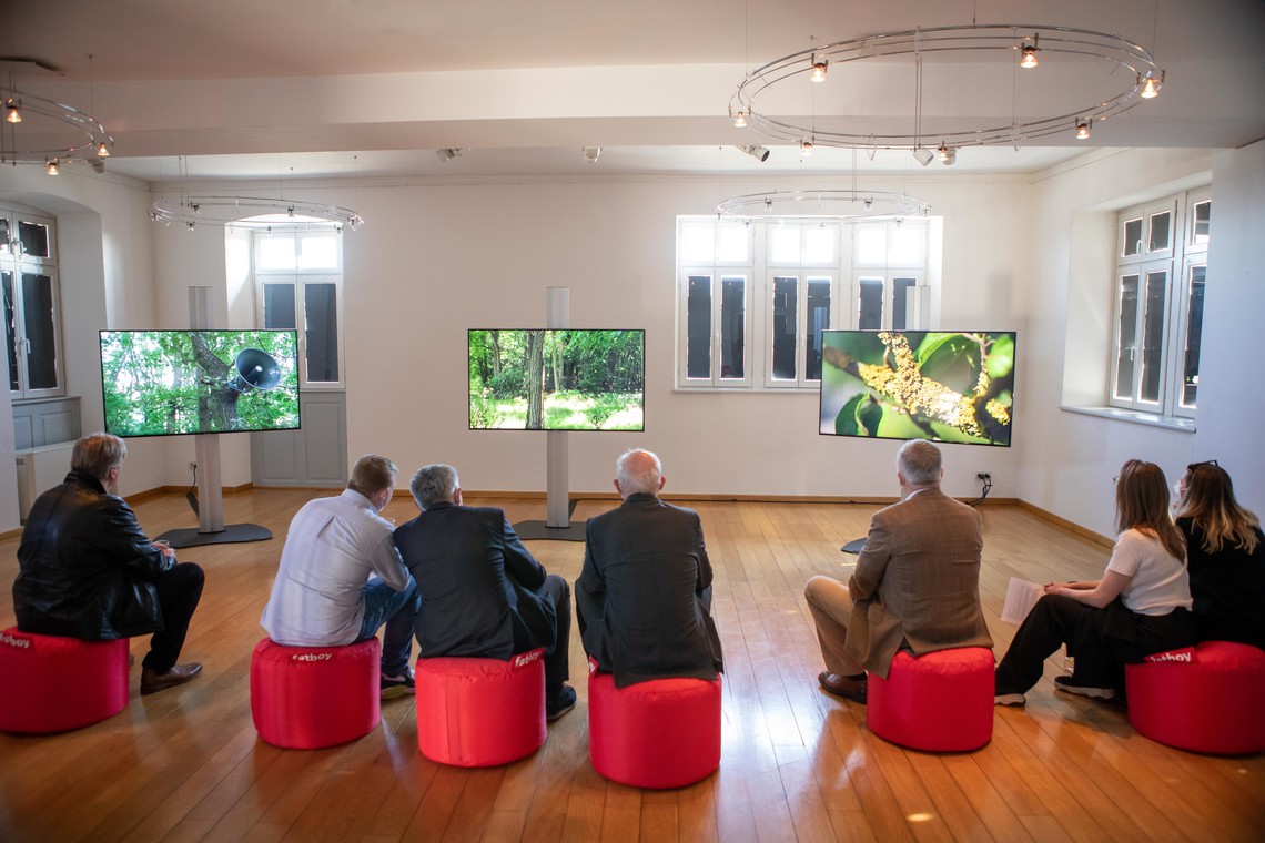 Sieben Personen sitzen auf Sitzsäcken und betrachten eine Videoinstallation auf drei Bildschirmen in einem großen Raum | © Elisa Berdica