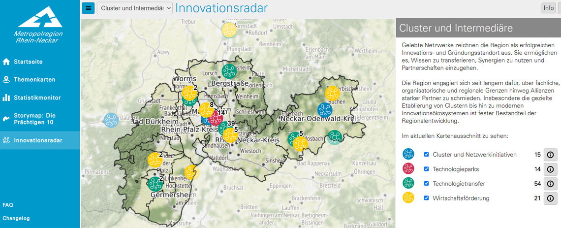 Screenshot Innovationsradar Rhein-Neckar, auf der Karte der Region dargestellt  | © MRN GmbH