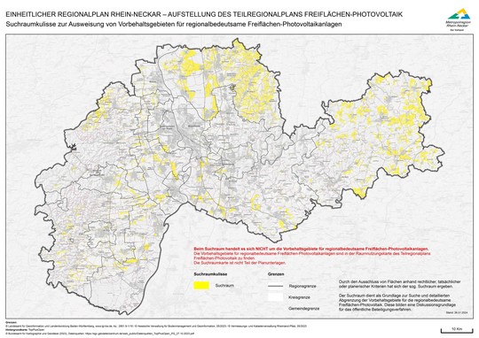 Kartendarstellung der Metropolregion Rhein-Neckar mit gelb eingefärbtem Suchraum zur Ermittlung der Vorbehaltsgebiete für regionalbedeutsame Freiflächen-Photovoltaikanlagen | © VRRN