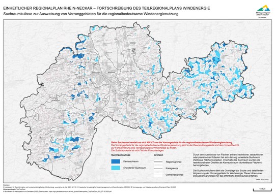 Kartendarstellung der Metropolregion Rhein-Neckar mit dunkelblau eingefärbtem Kernsuchraum und hellblau eingefärbtem erweiterten Suchraum zur Ermittlung der Vorranggebiete für die regionalbedeutsame Windenergienutzung | © VRRN