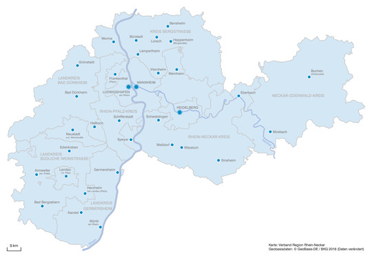 Die Rhein-Neckar-Region geografisch | © Karte: Verband Region Rhein-Neckar;  Geobasisdaten: © GeoBasis-DE / BKG 2016 (Daten verändert)