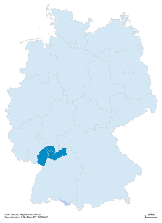 Lage der Rhein-Neckar-Region in Deutschland | © Karte: Verband Region Rhein-Neckar;  Geobasisdaten: © GeoBasis-DE / BKG 2016 (Daten verändert)