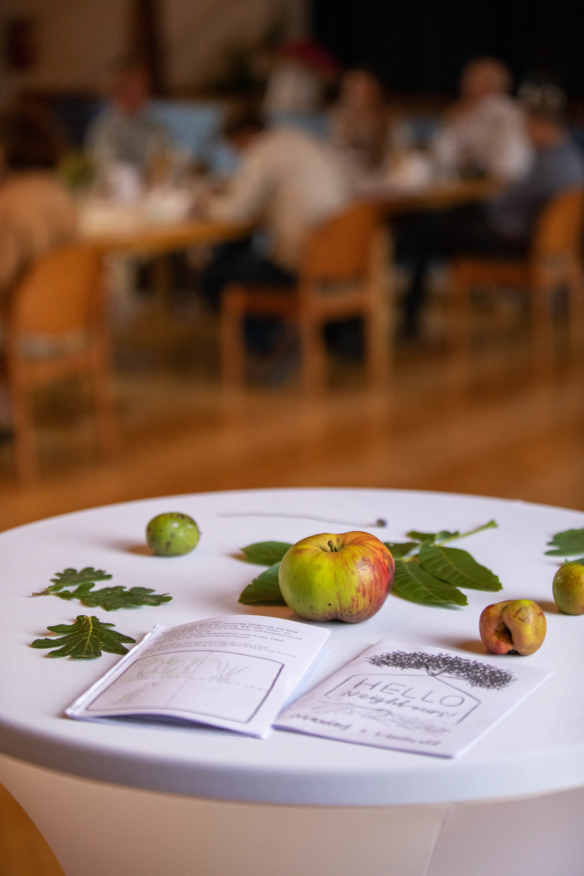 Ein Apfel, Blätter und weitere Fundstücke aus dem Wald auf einem Tisch präsentiert. | © Arthur Bauer