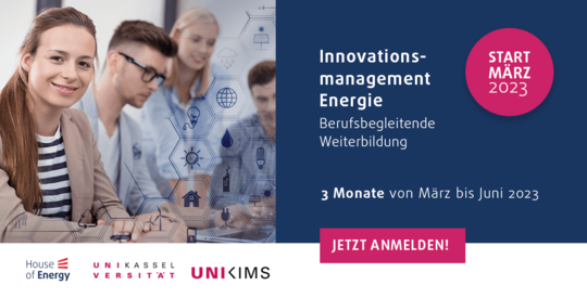Banner der Veranstaltung Weiterbildung „Innovationsmanagement Energie“  | © UNIKIMS GmbH