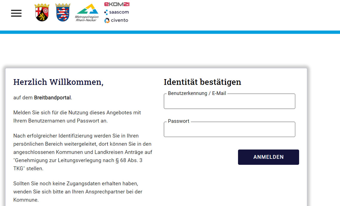 Screenshot von der LogIn Seite vom Breitbandportal  | © MRN GmbH
