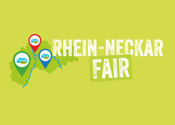 grafische Darstellung der Karte der Metropolregion Rhein-Neckar mit mehreren Markierungen für eine Fair-Trade Town | © Rhein-Neckar Fair