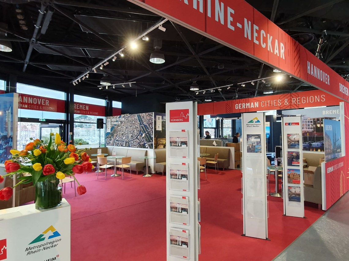 Gemeinschaftsstand in Cannes: Die Rhein-Neckar-Region präsentiert sich 2023 wieder als attraktiver Investmentstandort in Europa | © MRN GmbH