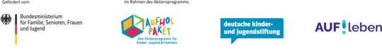 Logoleiste mit den Logos Bundesministerium für Familie, , Frauen und Jugend, Aufholpaket, deutsche Kinder- und Jugendstiftung und AUF!Leben | © AUF!leben – Zukunft ist jetzt.