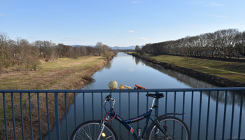 CO2-Fasten in der MRN | © VRRN / Stowasser Fahrrad steht auf einer Brücke die über einen Fluss führt. Auf dem Geländer liegt Gemüse | © VRRN / Stowasser