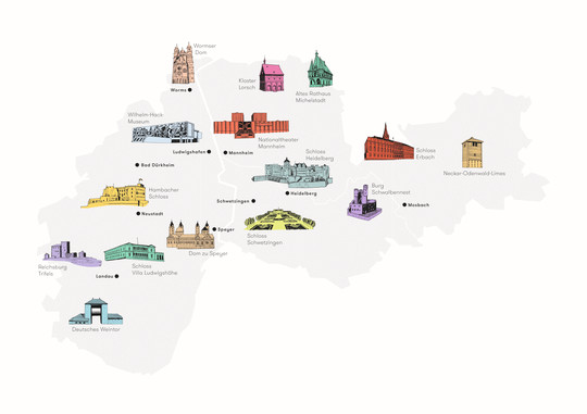Eine stilisierte Karte der Region Rhein-Neckar, die beispielhafte Kultureinrichtungen und Bauten als Illustrationen zeigt.  | © Raum Mannheim und MRN GmbH