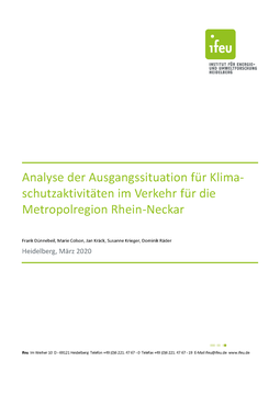 ifeu-Studie "Analyse der Ausgangssituation für Klimaschutzaktivitäten im Verkehr für die Metropolregion Rhein-Neckar" | © ifeu 2019