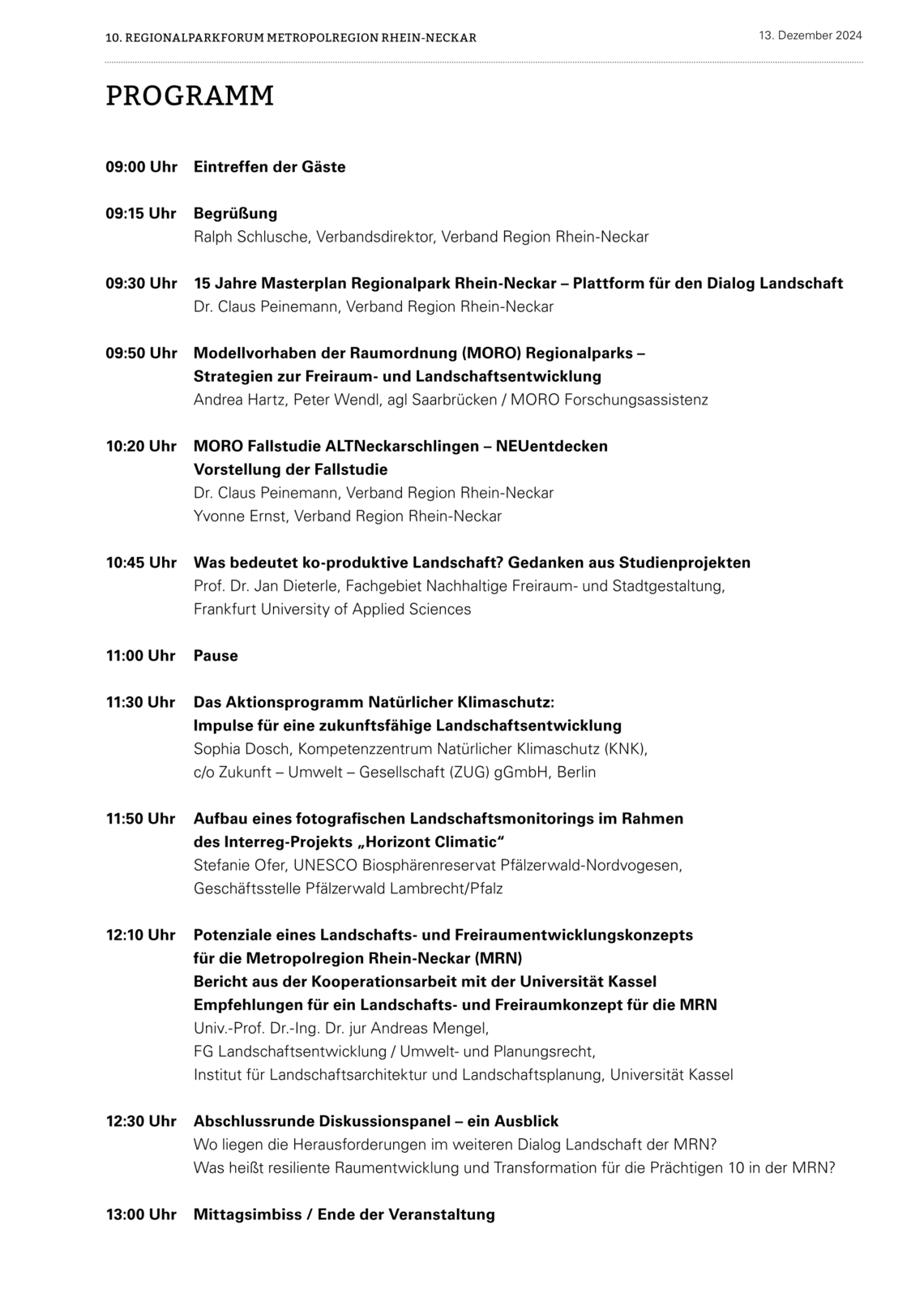 Programm des 10. Regionalparkforum. Bei Interesse bitte Mail an veranstaltung@vrrn.de | © VRRN